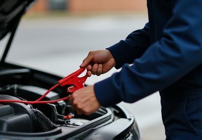 Technician performing a roadside battery jump start